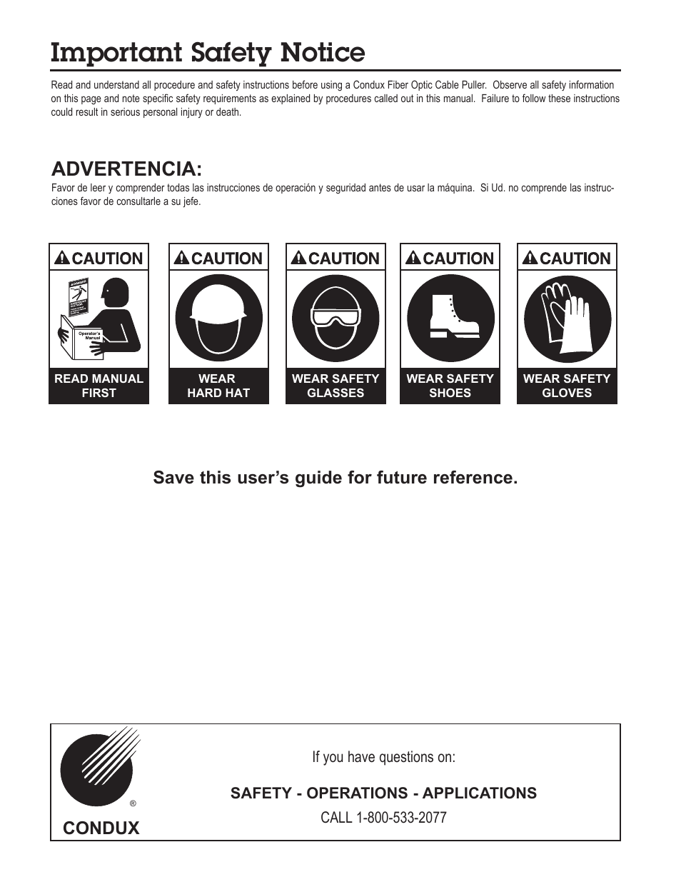 Important safety notice, Advertencia, Condux | Save this user’s guide for future reference | Condux CableGlider FO Cable Puller User Manual | Page 2 / 32