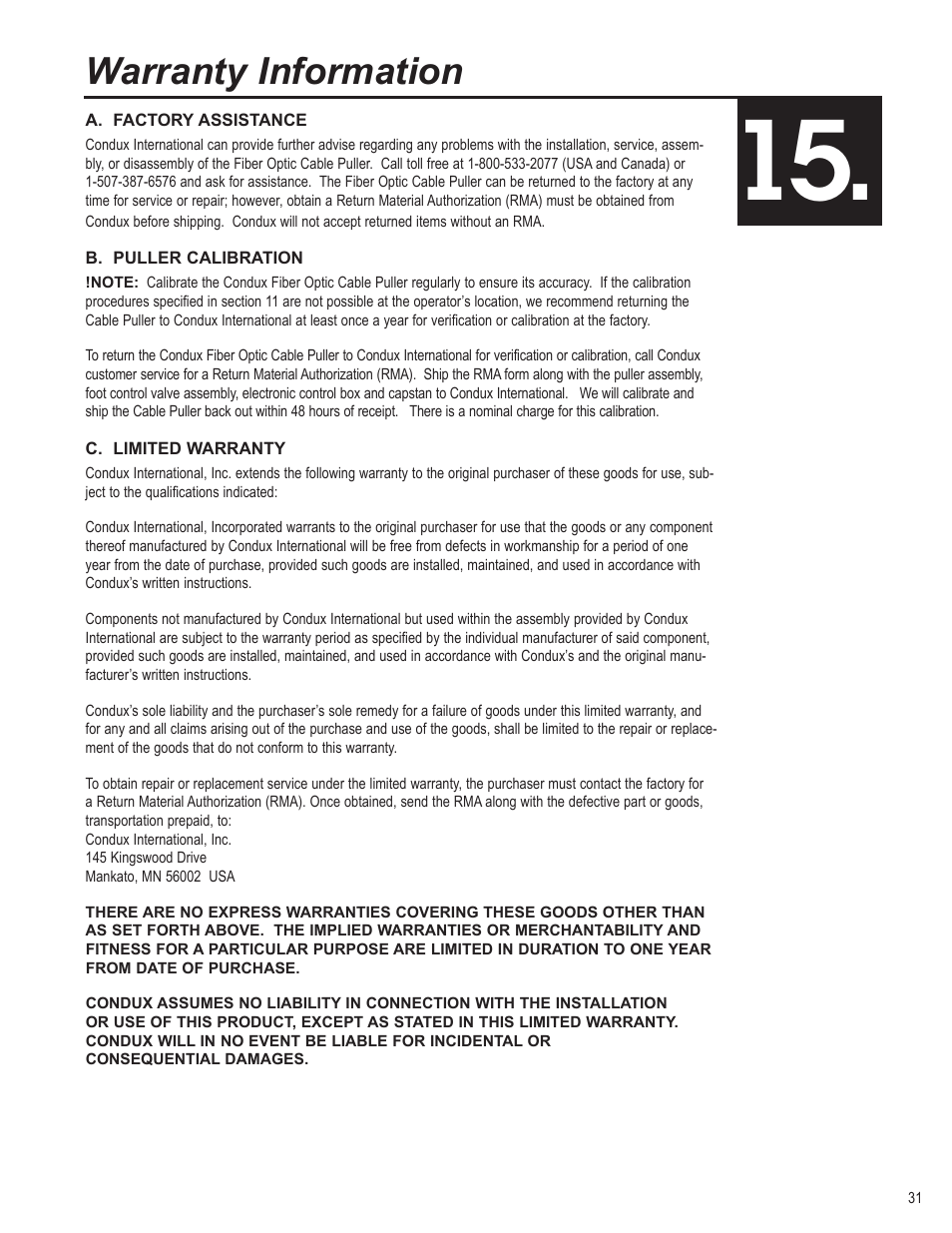 Warranty information | Condux CableGlider FO Cable Puller User Manual | Page 31 / 32
