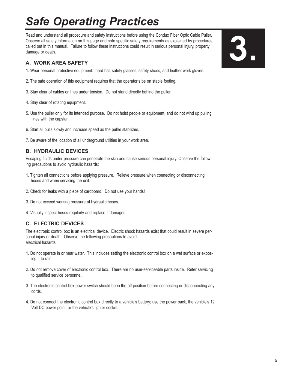 Safe operating practices | Condux CableGlider FO Cable Puller User Manual | Page 5 / 32