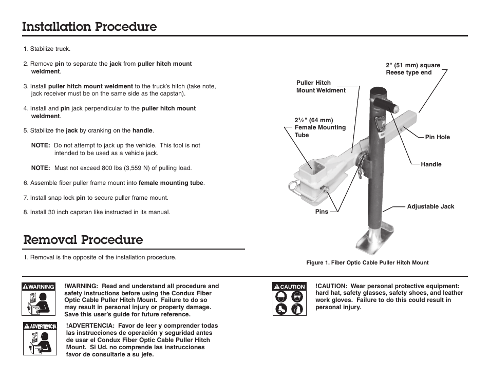 Removal procedure, Installation procedure | Condux Fiber Optic Cable Puller Hitch Mount User Manual | Page 2 / 2