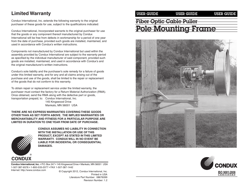 Condux Fiber Optic Cable Puller Pole Mounting Frame User Manual | 2 pages