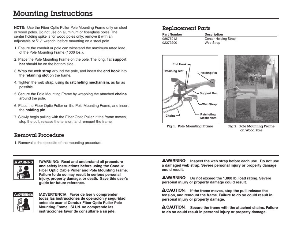 Mounting instructions, Removal procedure, Replacement parts | Condux Fiber Optic Cable Puller Pole Mounting Frame User Manual | Page 2 / 2