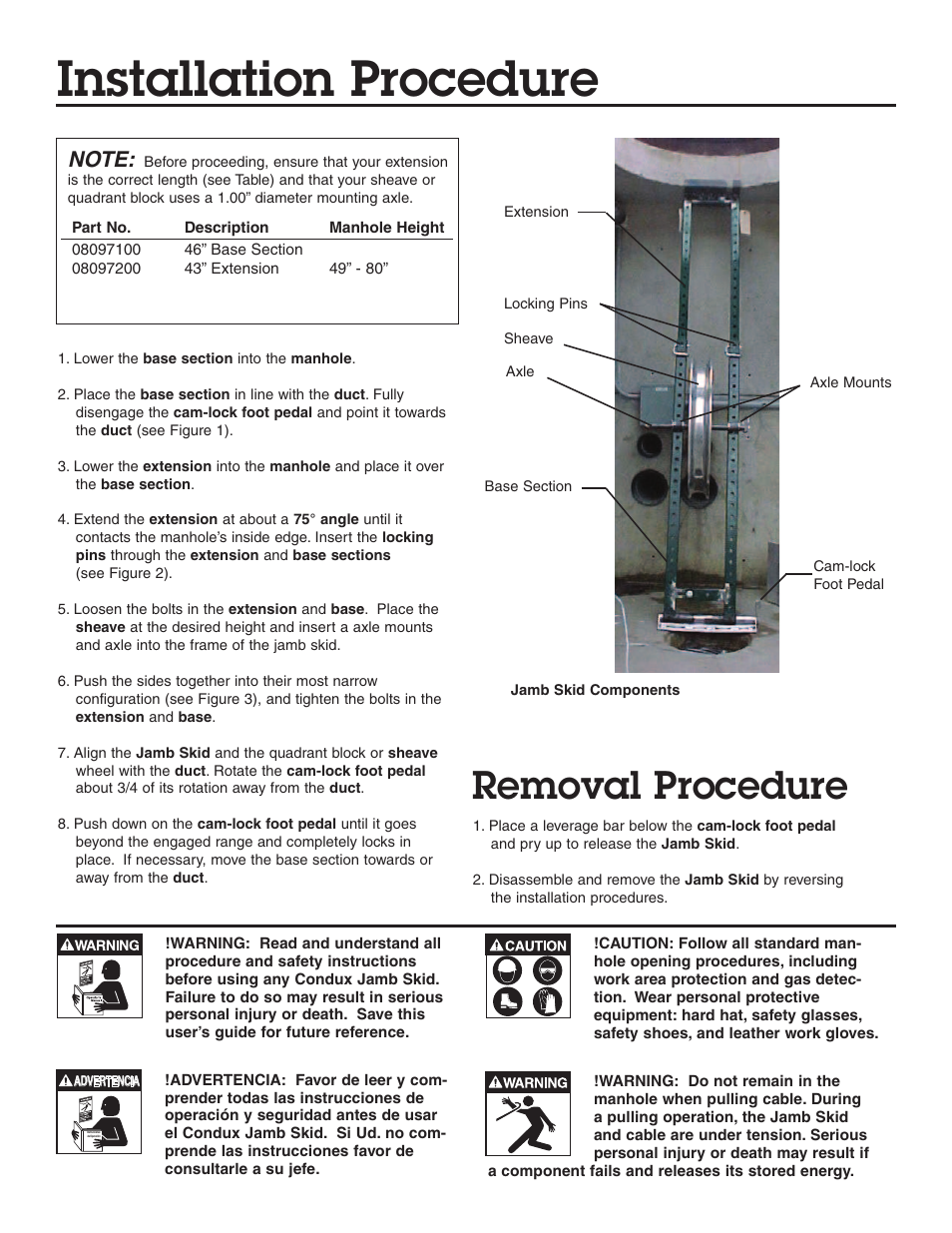 Installation procedure, Removal procedure | Condux Fiber Optic Jamb Skid User Manual | Page 2 / 4
