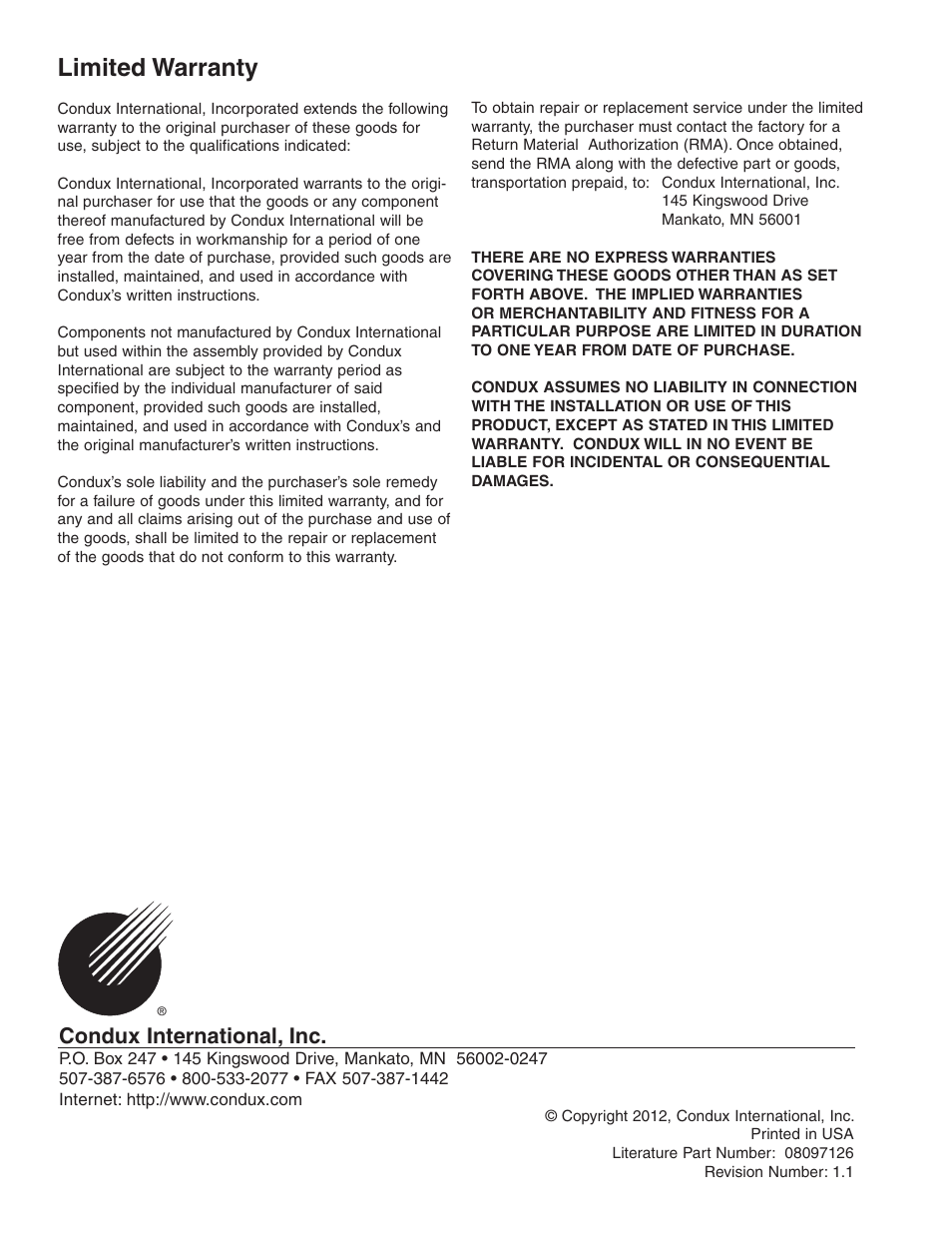 Limited warranty, Condux international, inc | Condux Fiber Optic Jamb Skid User Manual | Page 4 / 4