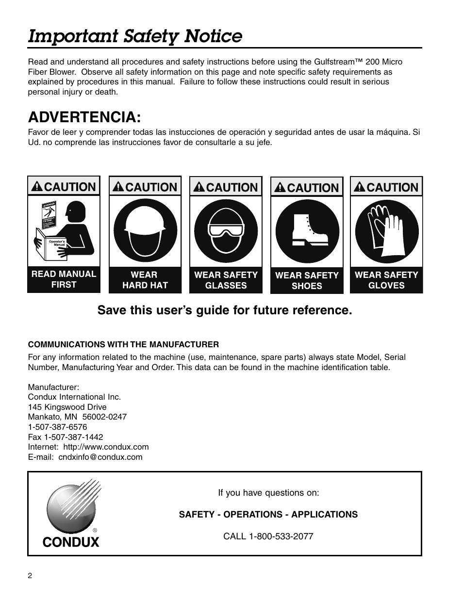 Important safety notice, Advertencia, Save this user’s guide for future reference | Condux Gulfstream 200 Micro Fiber Blower User Manual | Page 2 / 24
