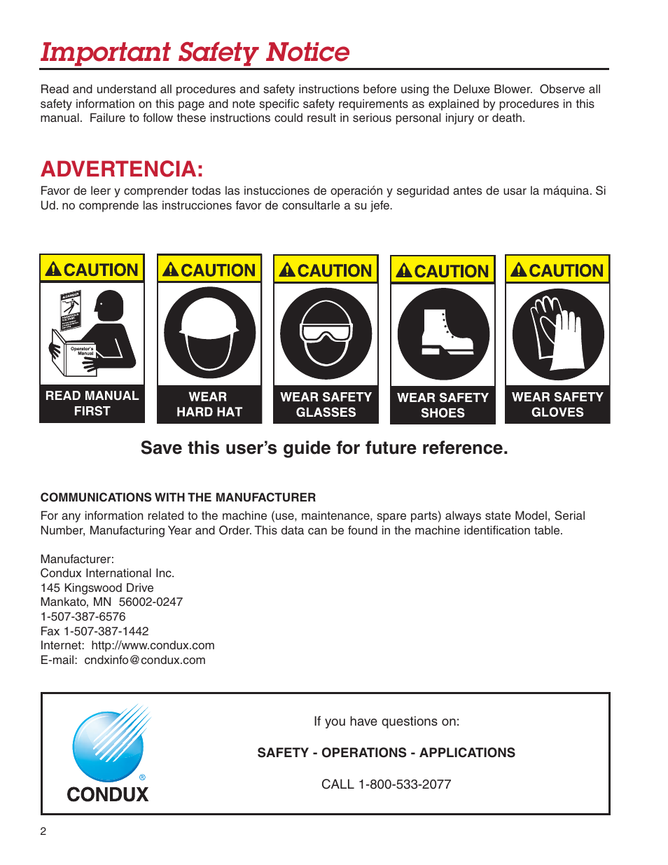 Important safety notice, Advertencia, Save this user’s guide for future reference | Condux Deluxe Blower User Manual | Page 2 / 68