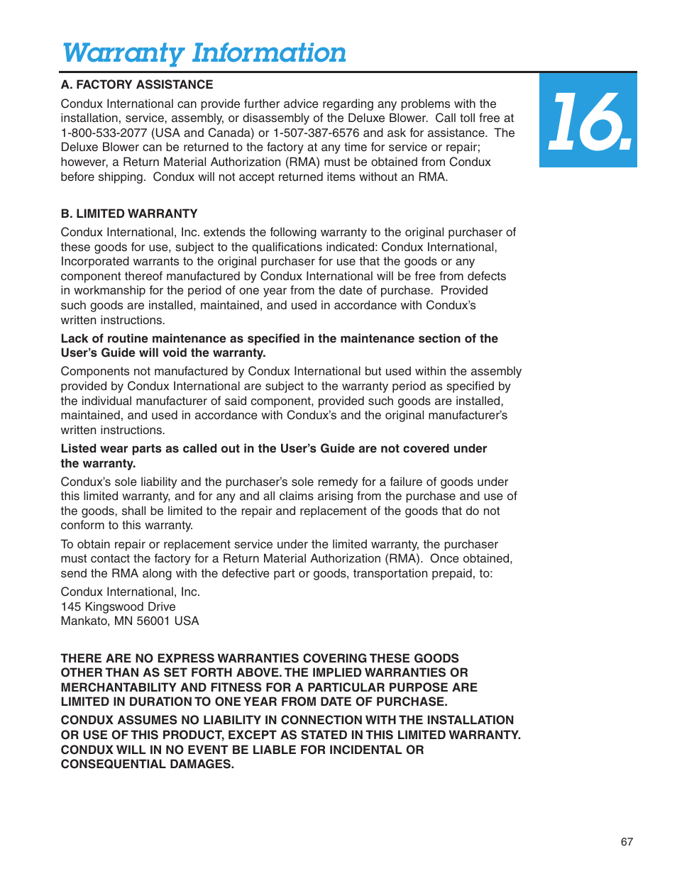 Condux Deluxe Blower User Manual | Page 67 / 68