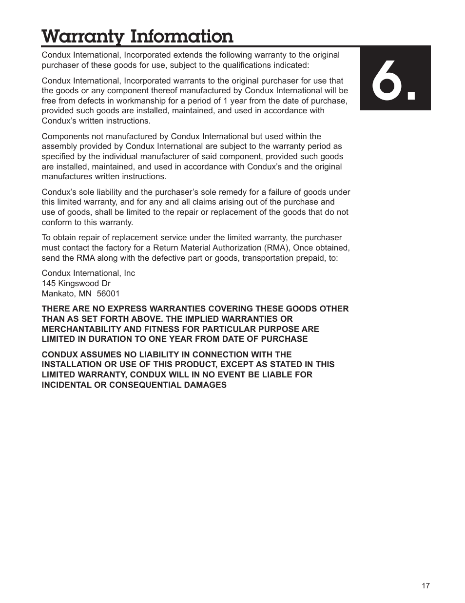 Warranty information | Condux Micro Duct User Manual | Page 17 / 18