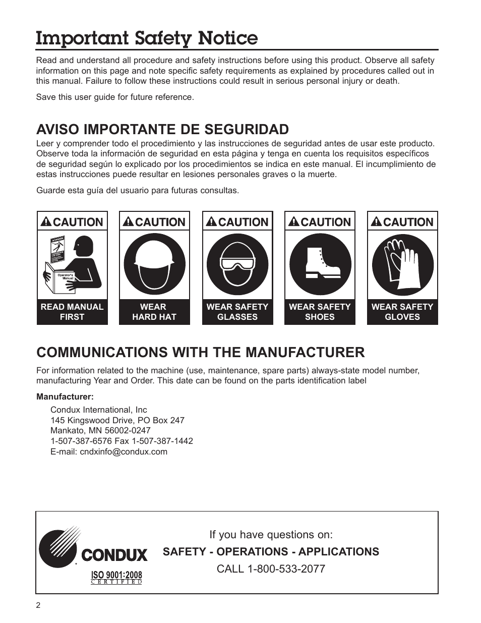 Important safety notice, Aviso importante de seguridad, Communications with the manufacturer | Condux Micro Duct User Manual | Page 2 / 18