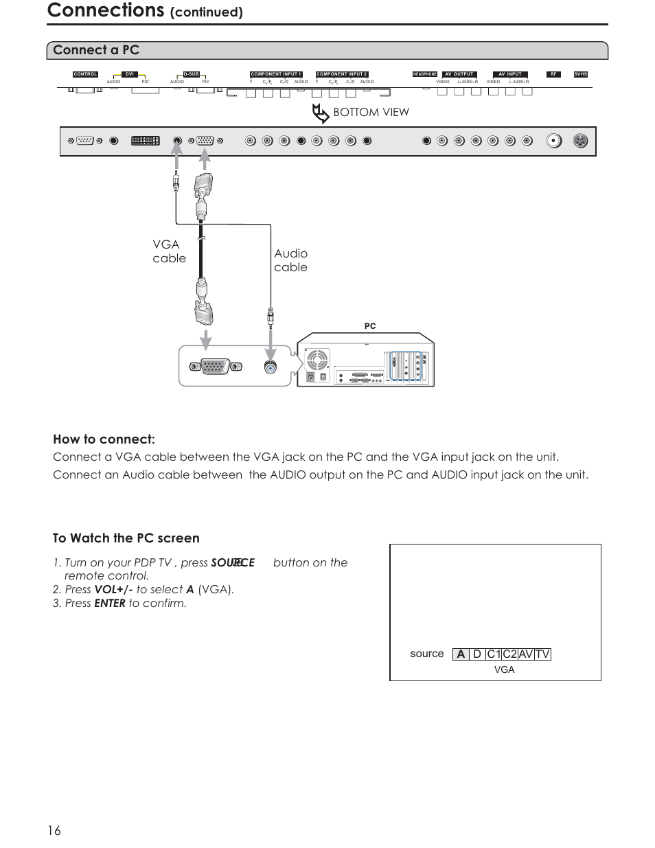 Connections, Connect a pc how to connect, Continued) | Audio cable, Vga cable, Bottom view a d c1 c2 tv av, Source | Acoustic Research AR4200 User Manual | Page 19 / 48