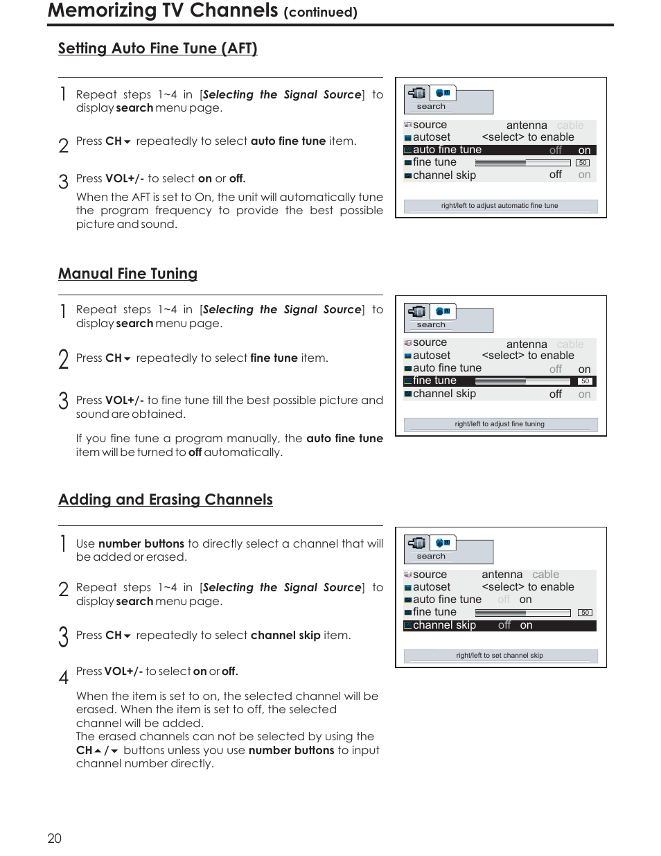 Setting auto fine tune (aft), Manual fine tuning, Adding and erasing channels | Acoustic Research AR4200 User Manual | Page 23 / 48