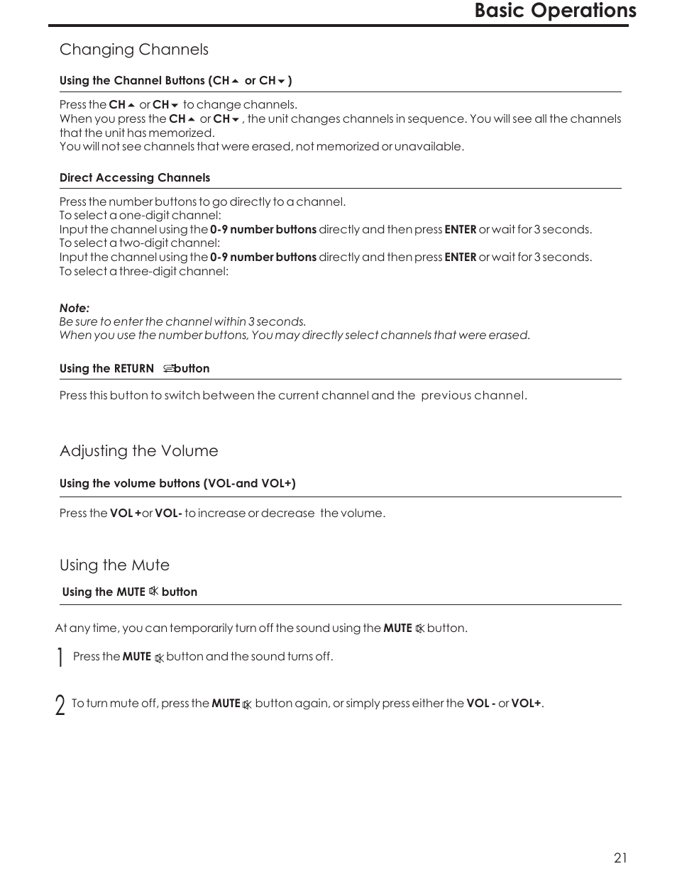 Basic operations, Changing channels, Adjusting the volume using the mute | Acoustic Research AR4200 User Manual | Page 24 / 48