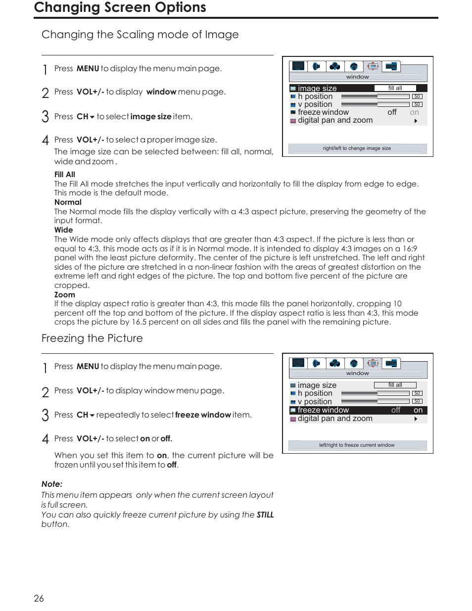 Changing screen options, Changing the scaling mode of image, Freezing the picture | Acoustic Research AR4200 User Manual | Page 29 / 48