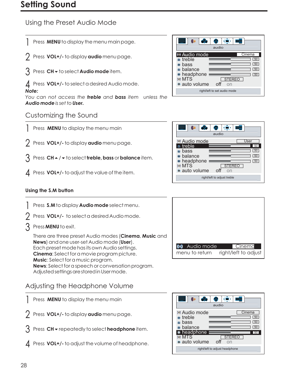 Setting sound, Customizing the sound, Adjusting the headphone volume | Using the preset audio mode | Acoustic Research AR4200 User Manual | Page 31 / 48