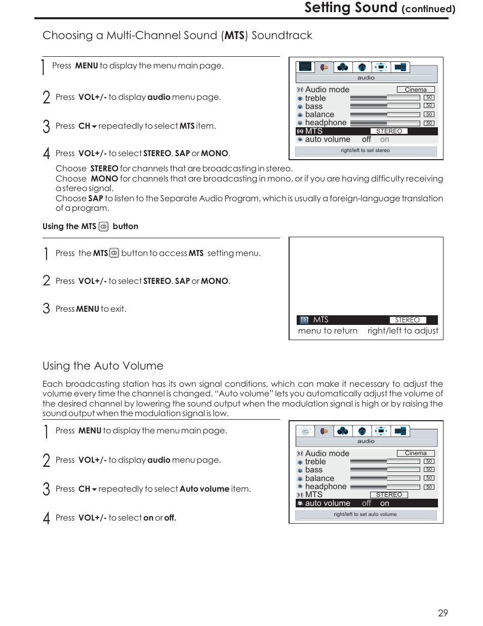 Setting sound, Choosing a multi-channel sound ( ) soundtrack mts, Using the auto volume | Acoustic Research AR4200 User Manual | Page 32 / 48