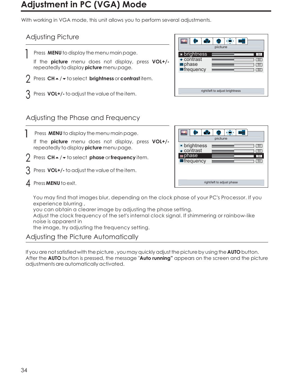 Adjustment in pc (vga) mode, Adjusting picture, Adjusting the phase and frequency | Adjusting the picture automatically | Acoustic Research AR4200 User Manual | Page 37 / 48