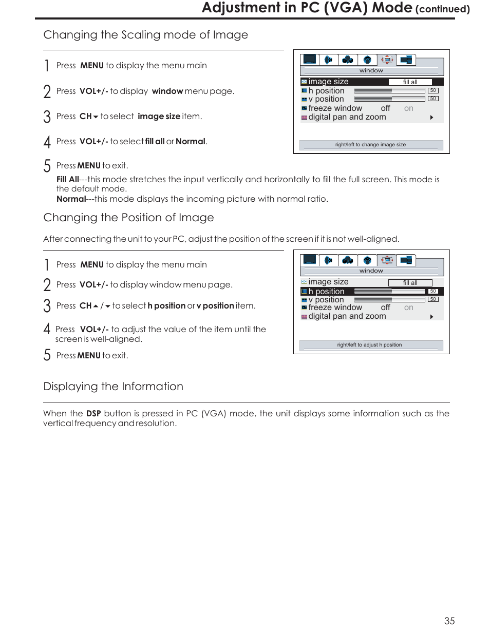 Adjustment in pc (vga) mode, Changing the scaling mode of image, Changing the position of image | Displaying the information | Acoustic Research AR4200 User Manual | Page 38 / 48