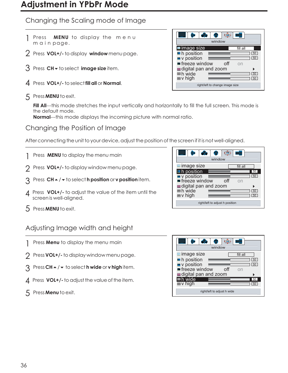 Adjustment in ypbpr mode, Adjusting image width and height, Changing the scaling mode of image | Changing the position of image | Acoustic Research AR4200 User Manual | Page 39 / 48