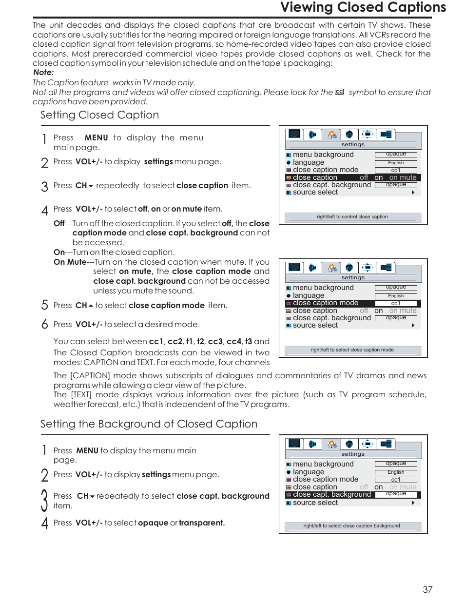 Viewing closed captions, Setting closed caption, Setting the background of closed caption | Acoustic Research AR4200 User Manual | Page 40 / 48