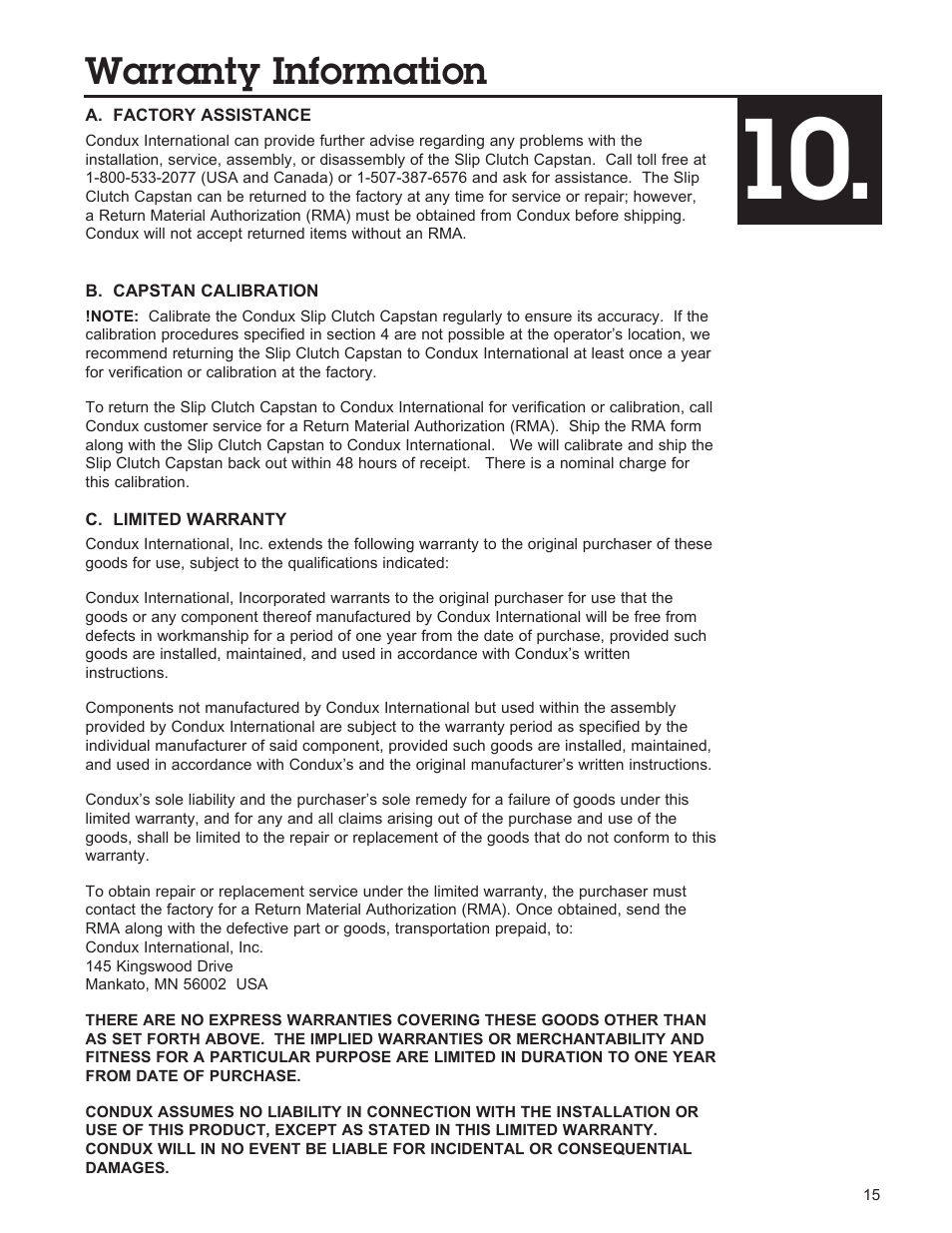 Warranty information | Condux Slip Clutch Capstan User Manual | Page 15 / 16