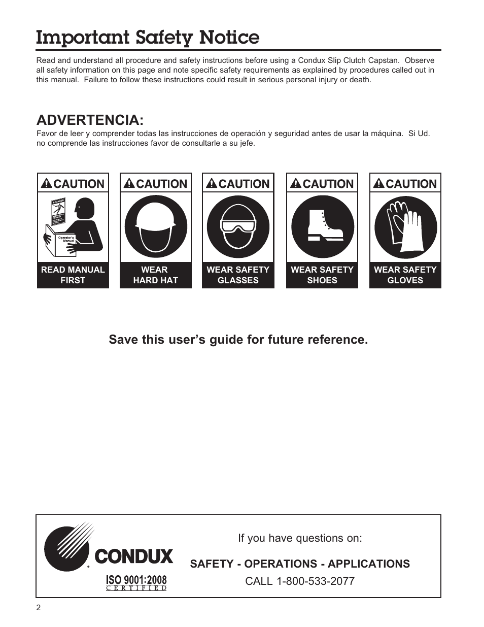 Important safety notice, Advertencia, Save this user’s guide for future reference | Condux Slip Clutch Capstan User Manual | Page 2 / 16