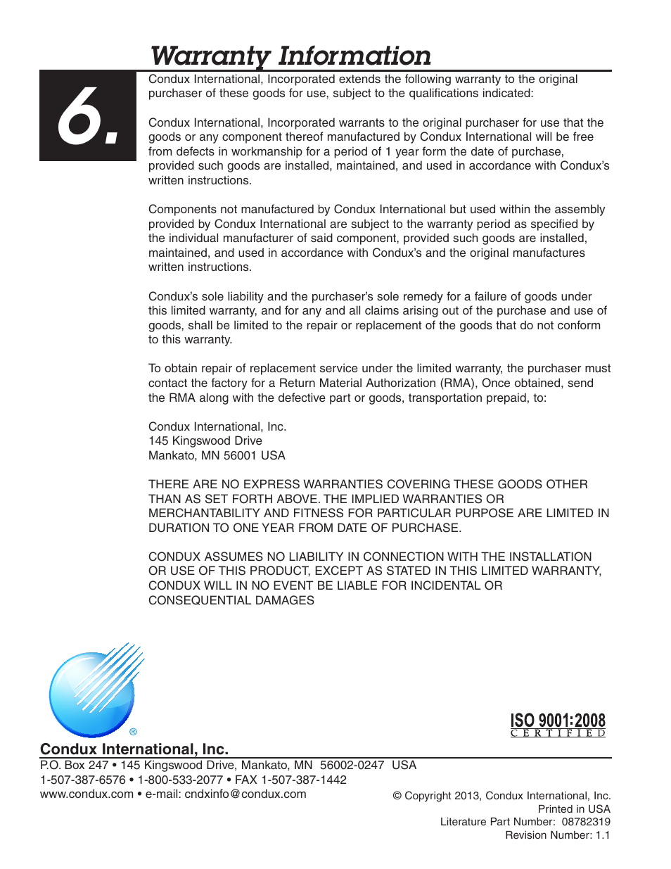 Warranty information | Condux Deluxe Y-Block User Manual | Page 12 / 12