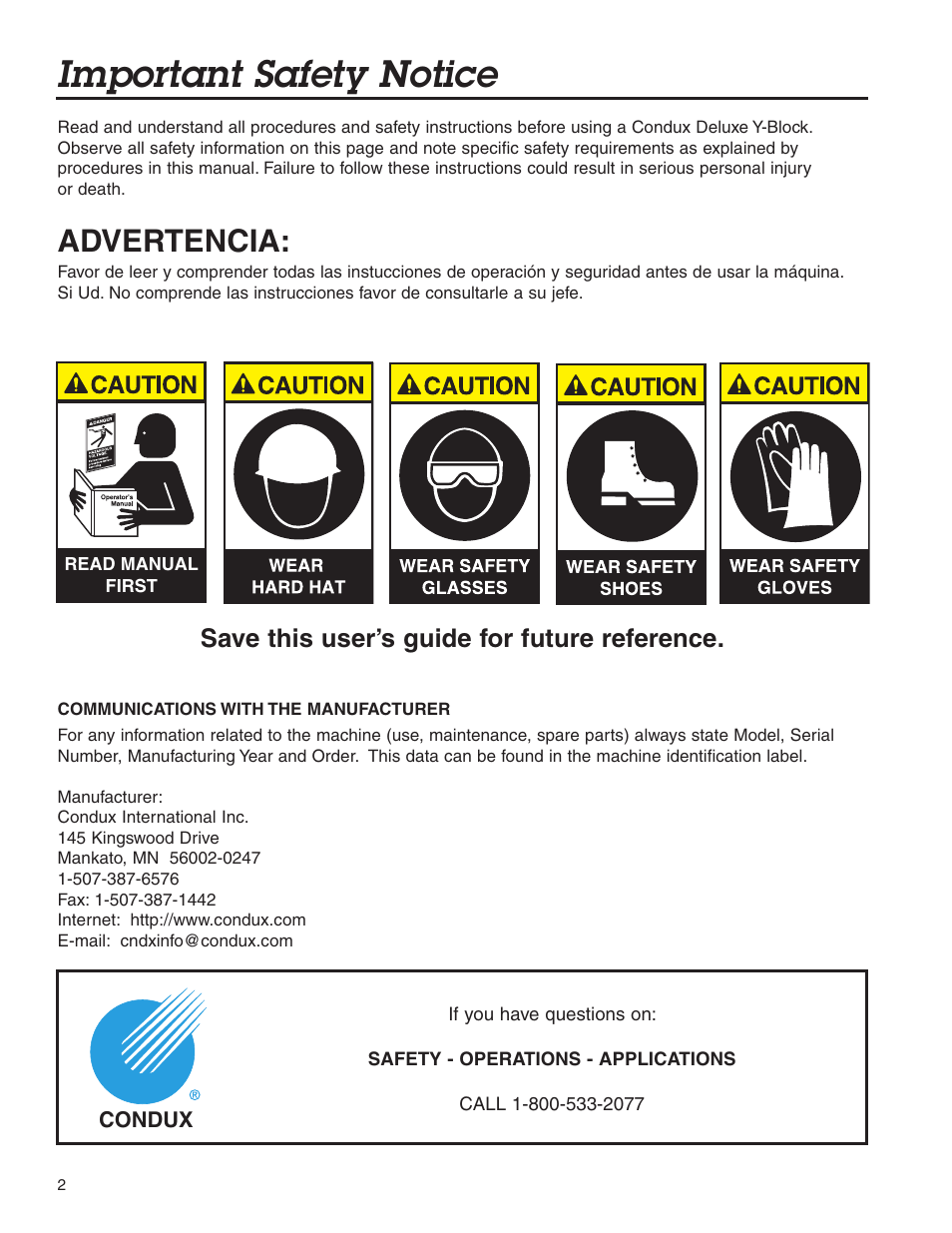 Important safety notice, Advertencia, Save this user’s guide for future reference | Condux Deluxe Y-Block User Manual | Page 2 / 12