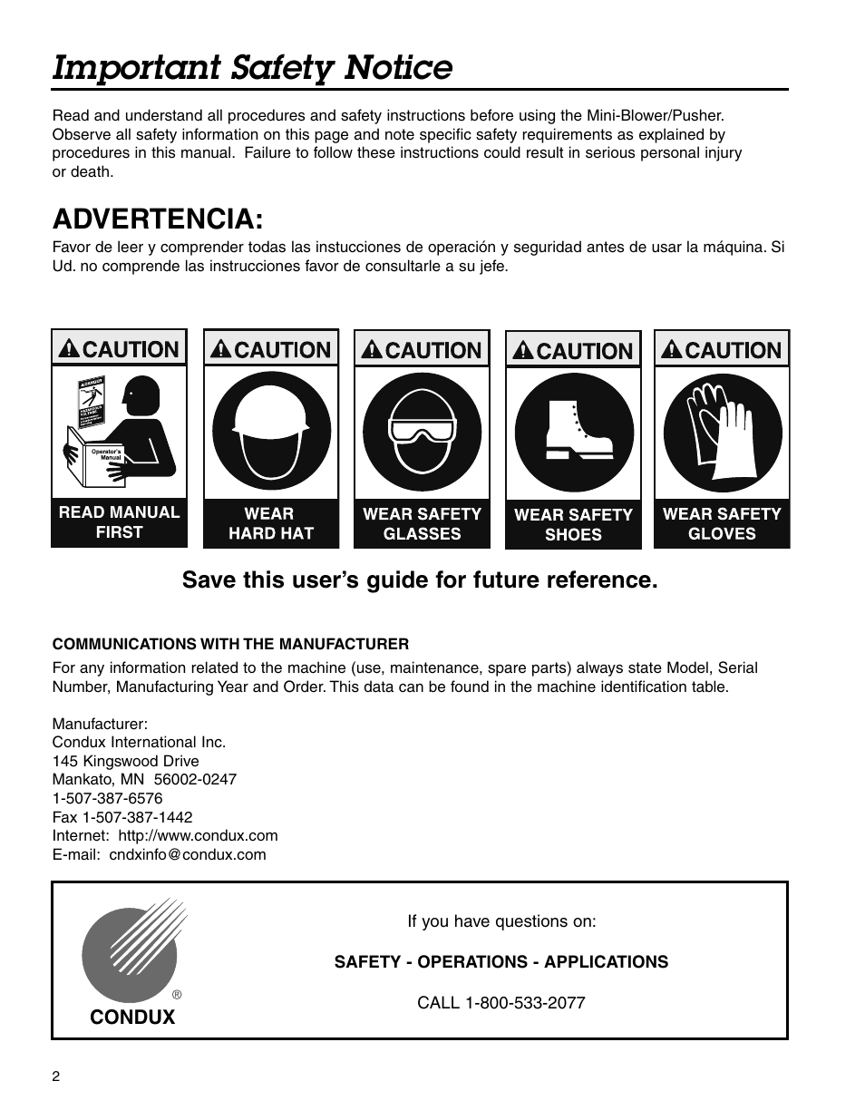Important safety notice, Advertencia, Save this user’s guide for future reference | Condux Mini-Blower/Pusher User Manual | Page 2 / 20