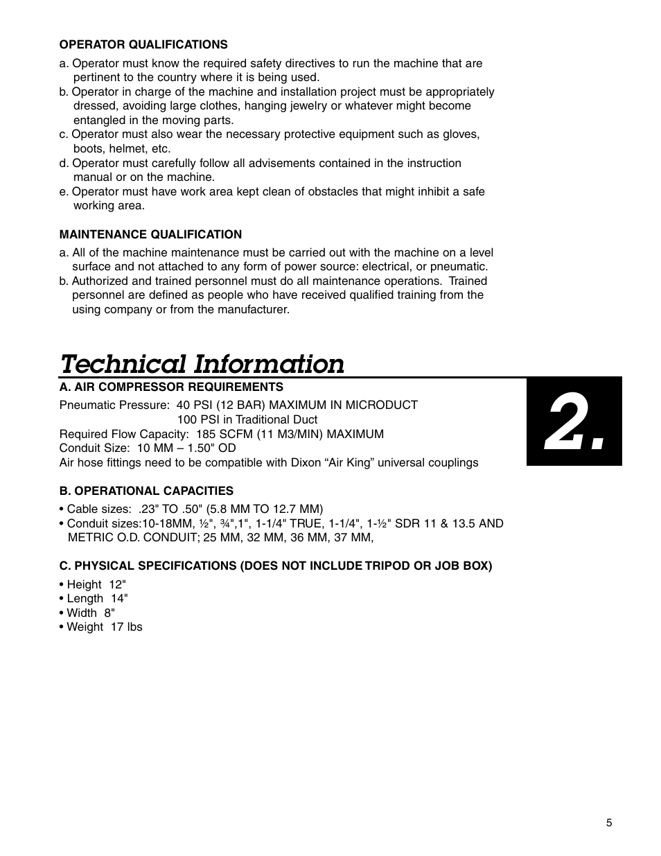 Technical information | Condux Mini-Blower/Pusher User Manual | Page 5 / 20