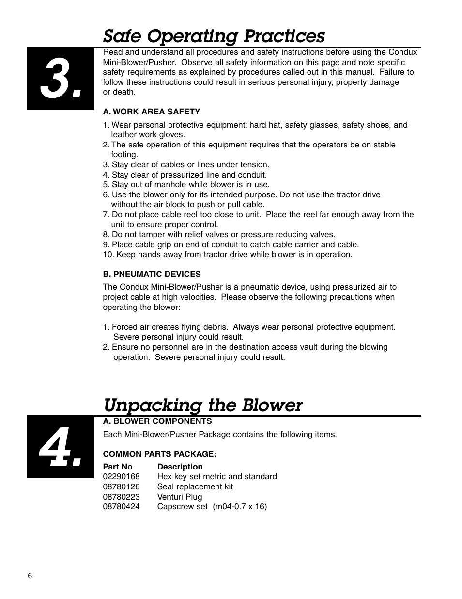 Safe operating practices, Unpacking the blower | Condux Mini-Blower/Pusher User Manual | Page 6 / 20
