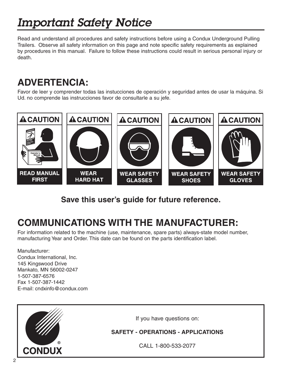 Important safety notice, Advertencia, Communications with the manufacturer | Condux WDR505 Underground Pulling Trailer User Manual | Page 2 / 28