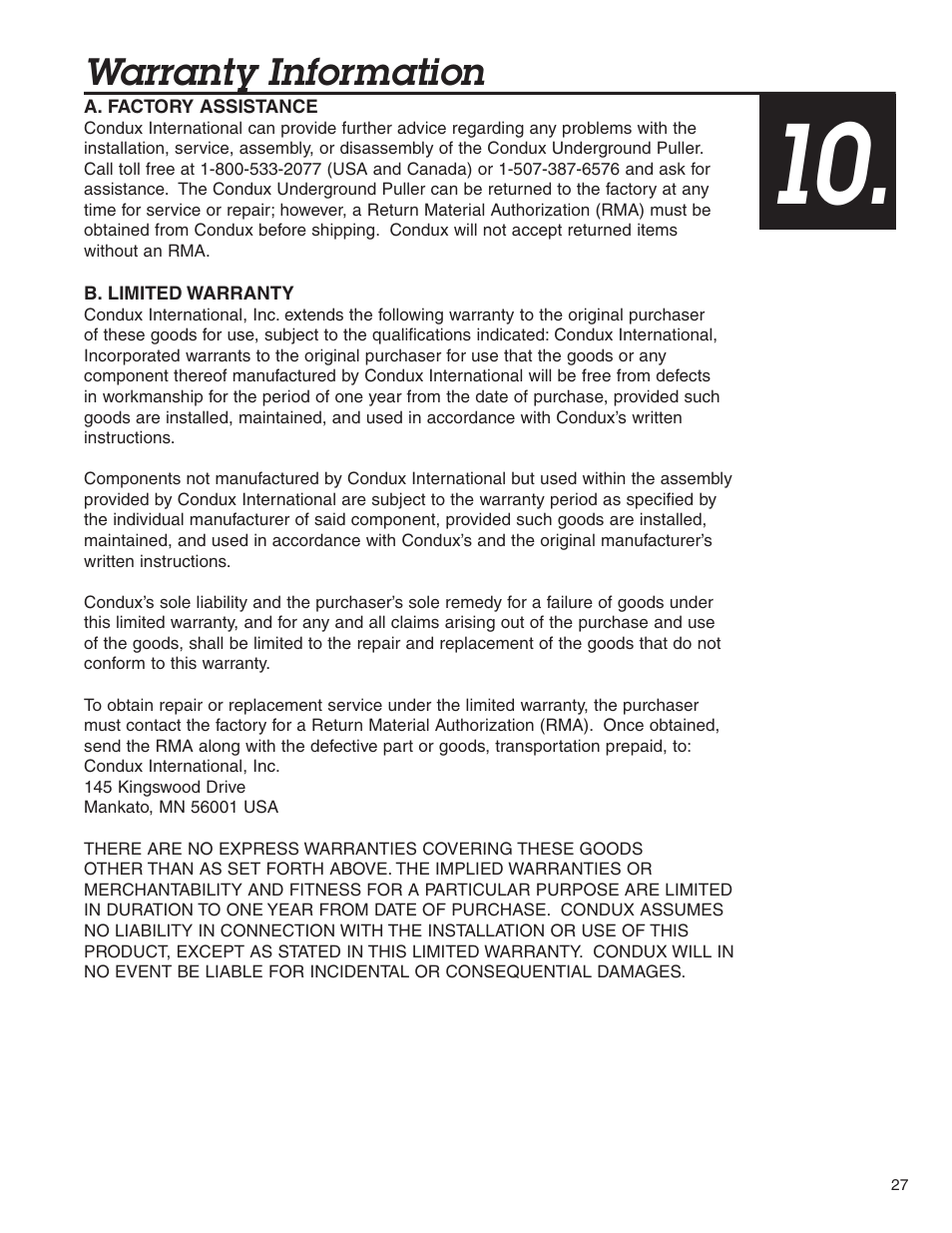 Warranty information | Condux WDR505 Underground Pulling Trailer User Manual | Page 27 / 28