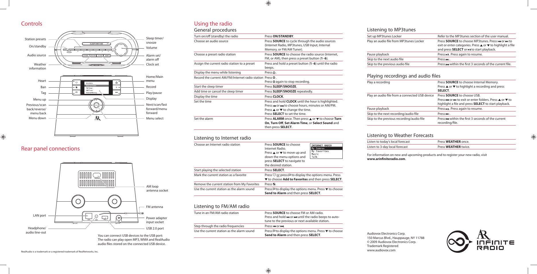 Controls, Rear panel connections, Using the radio | Listening to internet radio, General procedures, Listening to fm/am radio, Playing recordings and audio fi les, Listening to weather forecasts, Listening to mp3tunes | Acoustic Research ARIRC200 User Manual | Page 2 / 2