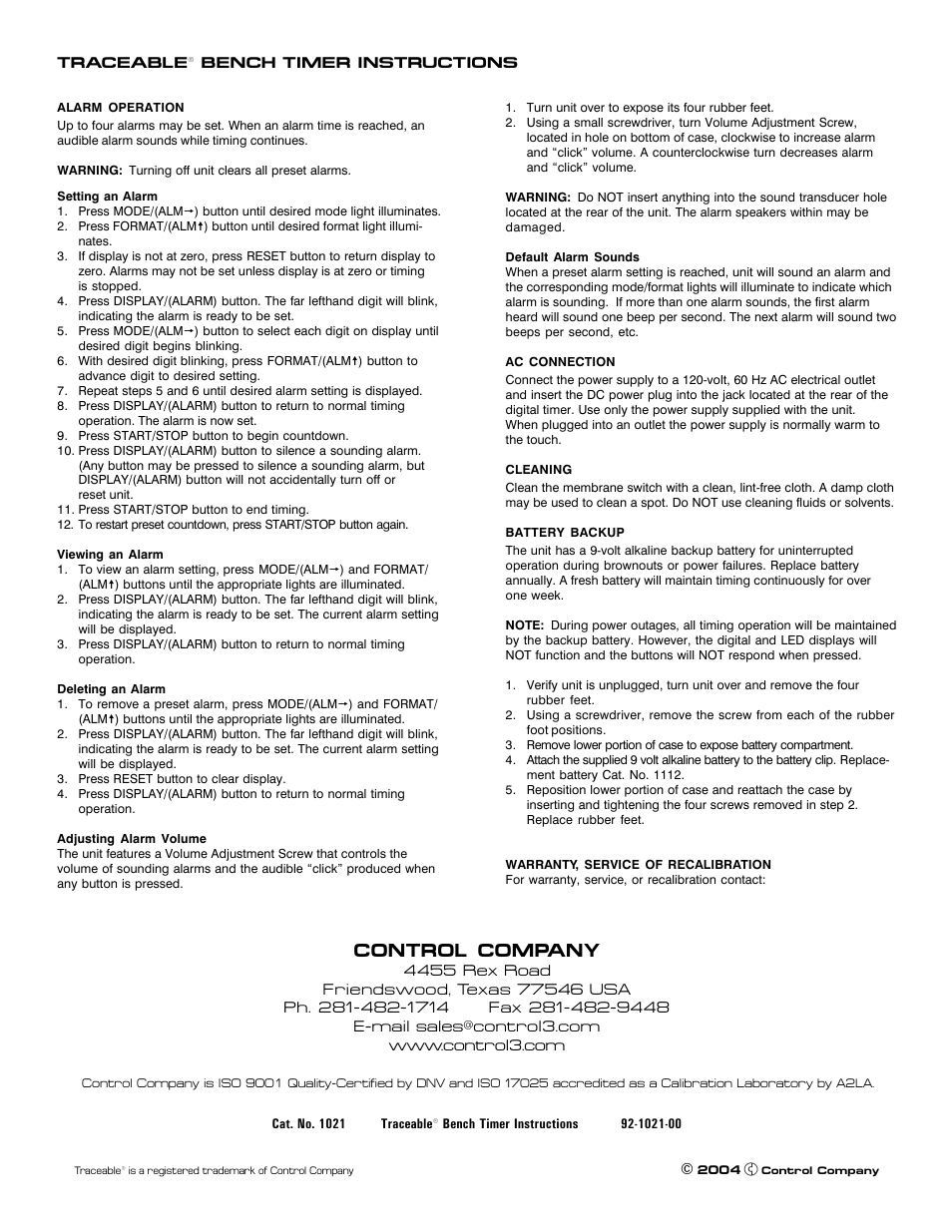 Control company | Control Company 1021 BENCH TIMER User Manual | Page 2 / 2
