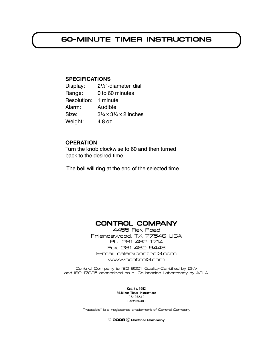 Control Company 1062 60-MINUTE TIMER User Manual | 1 page