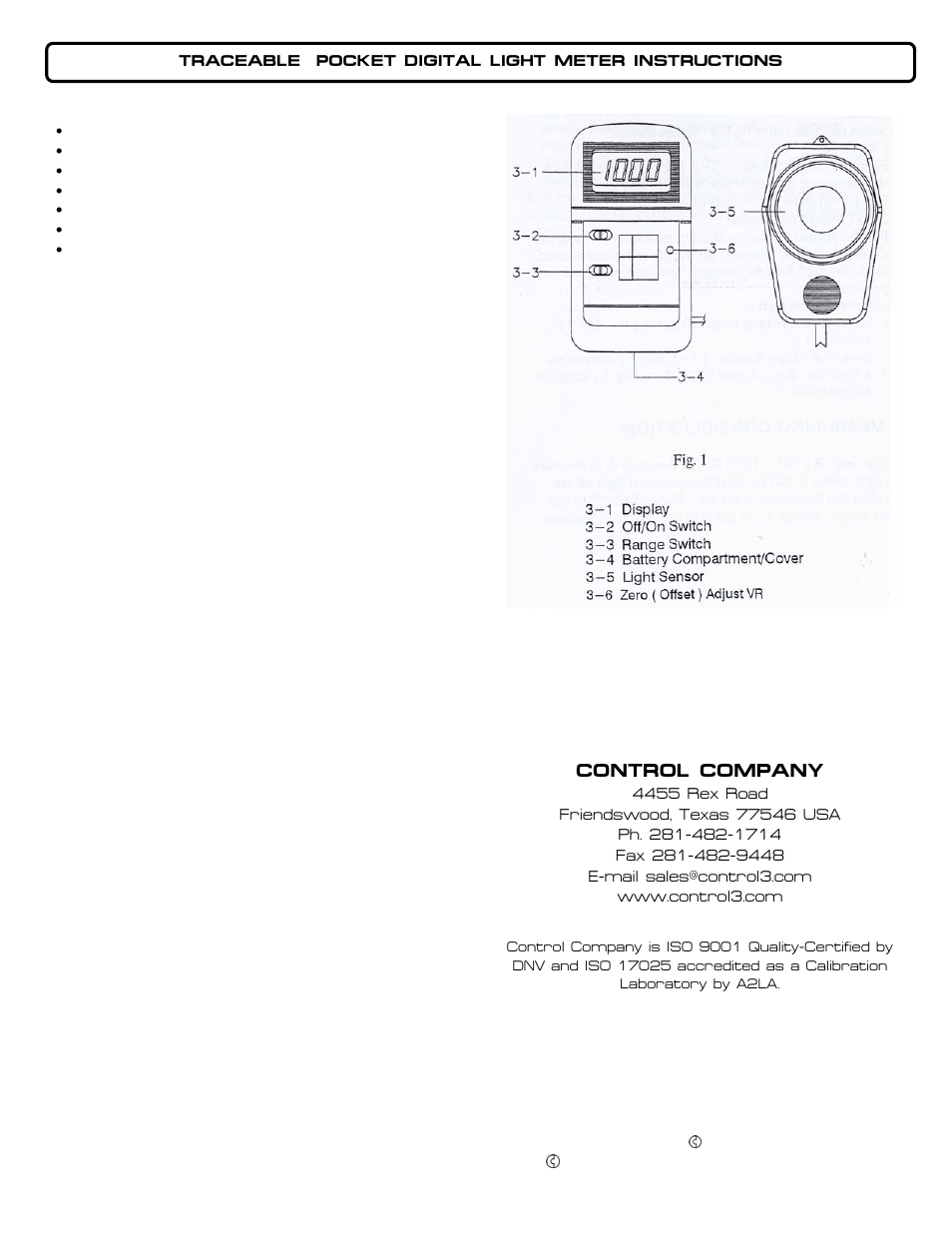 Control Company 3248 POCKET DIGITAL LIGHT METER User Manual | 1 page
