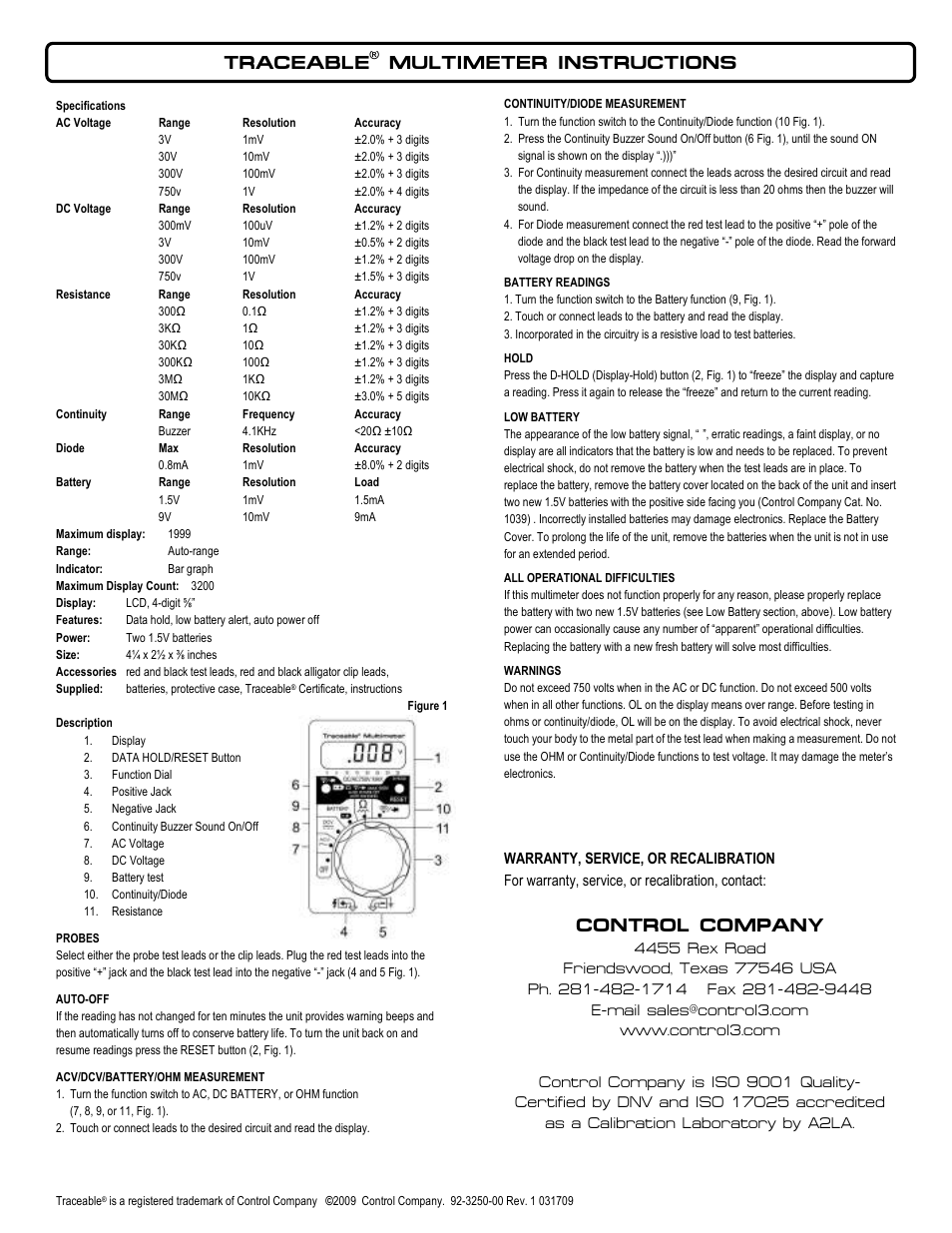 Control Company 3250 MULTIMETER User Manual | 1 page