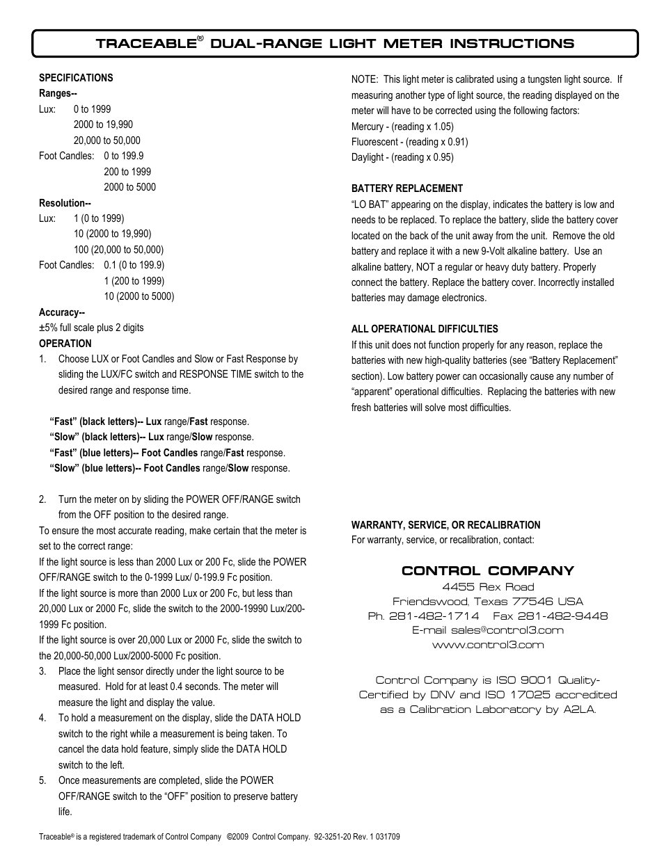 Control Company 3251 DUAL-RANGE LIGHT METER User Manual | 1 page