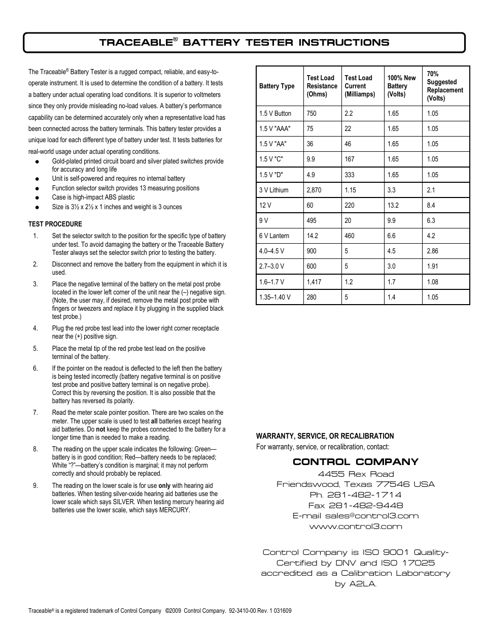 Control Company 3410 BATTERY TESTER User Manual | 1 page