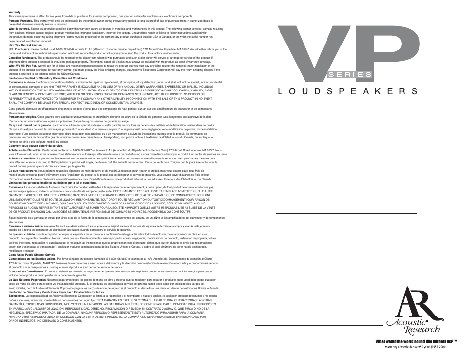 Acoustic Research VP Series User Manual | 8 pages