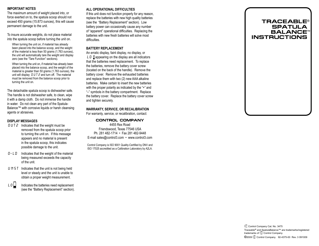 Traceable spatula balance instructions | Control Company 3475 SPATULA BALANCE User Manual | Page 2 / 2