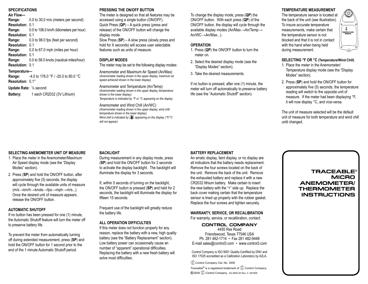 Control Company 3655 MICRO ANEMOMETER/THERMOMETER User Manual | 1 page