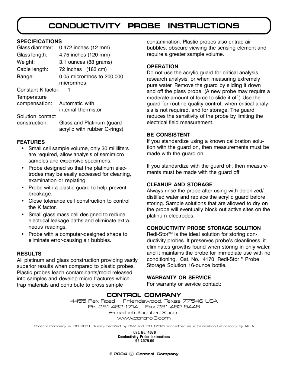 Control Company 4079 CONDUCTIVITY PROBE User Manual | 1 page