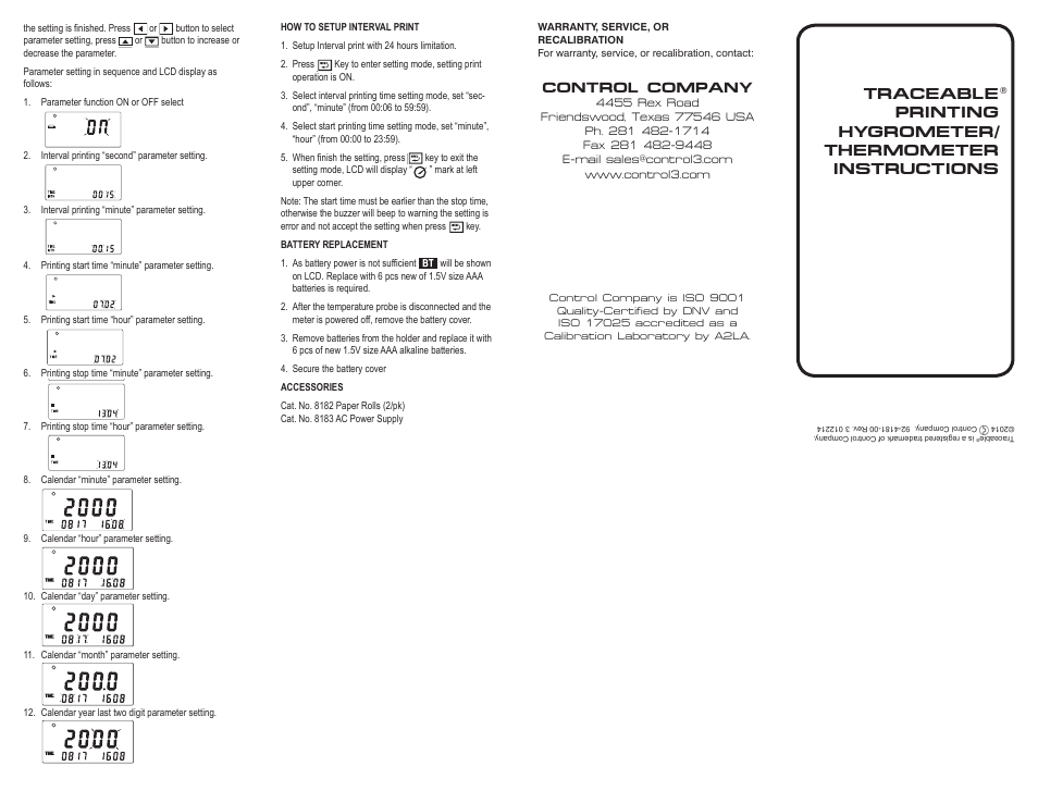 Control company | Control Company 4180 PRINTING HYGROMETER/THERMOMETER User Manual | Page 2 / 2