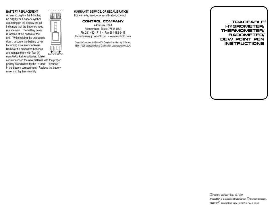 Control Company 4247 HYGROMETER/THERMOMETER/BAROMETER/DEW POINT PEN User Manual | Page 2 / 2