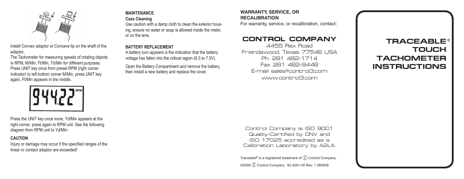 Traceable touch tachometer instructions, Control company | Control Company 4261 TOUCH TACHOMETER User Manual | Page 2 / 2