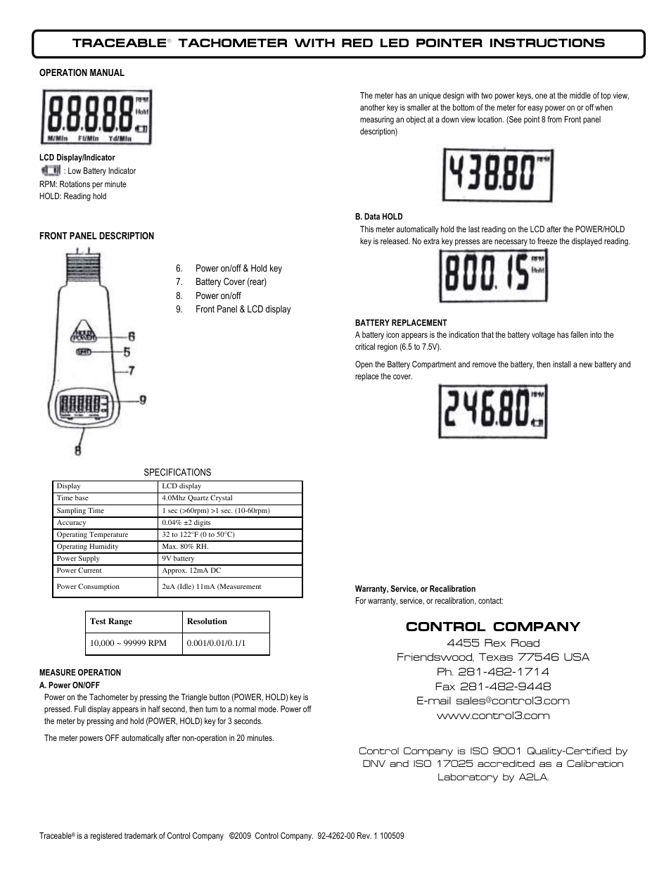 Control Company 4262 TACHOMETER WITH RED LED POINTER User Manual | 1 page