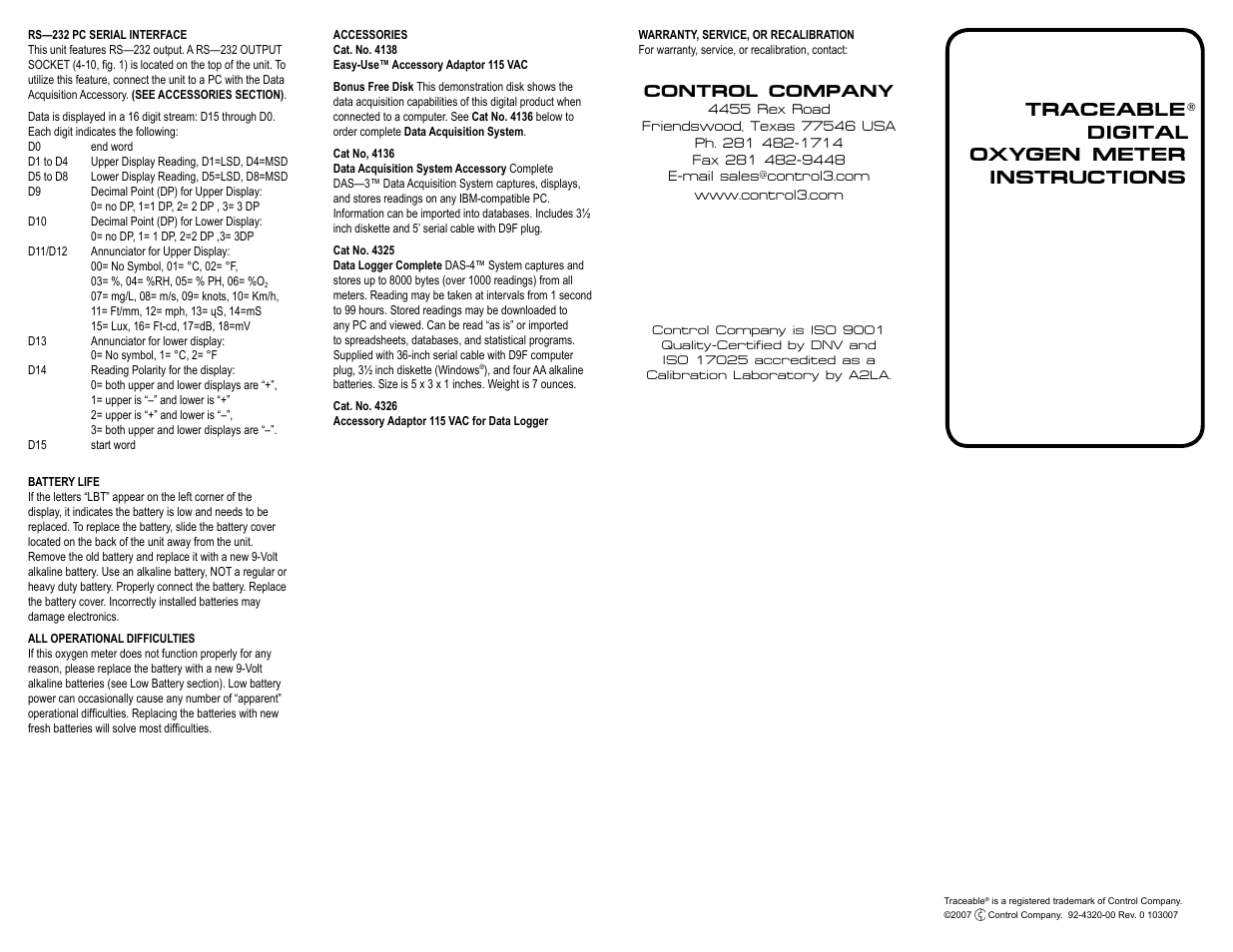 Traceable digital oxygen meter instructions, Control company | Control Company 4320 DIGITAL OXYGEN METER User Manual | Page 2 / 2