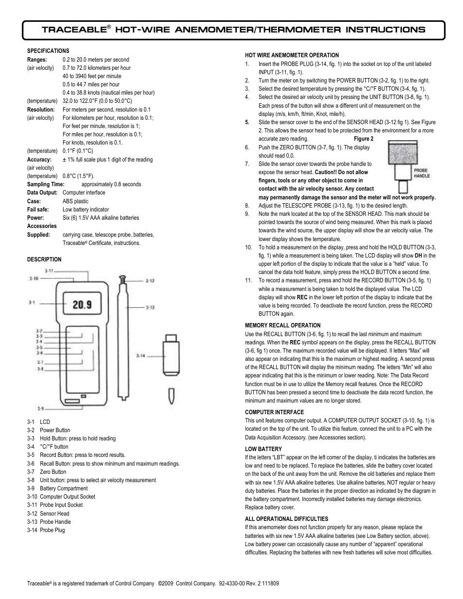 Control Company 4330 HOT-WIRE ANEMOMETER/THERMOMETER User Manual | 2 pages