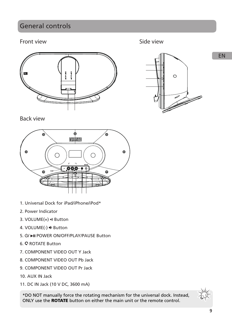 General controls, Front view side view, Back view | Acoustic Research ARS35I User Manual | Page 10 / 22